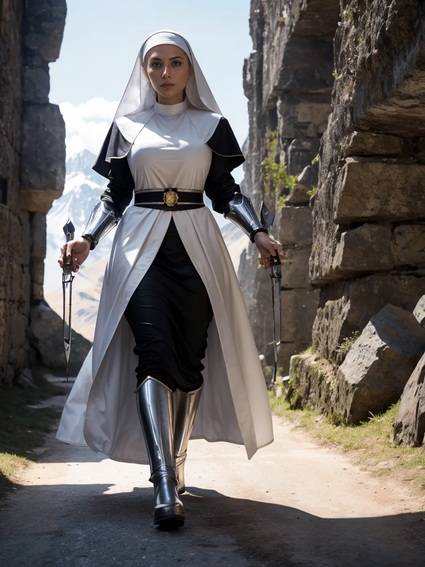 (masterpiece, top quality, best quality, official art, beautiful and aesthetic:1.2), (1girl:1.3), ((Sharp facial features, sharp features, hawkish features)), ((grey eyes)), busty paladin knight girl, extremely detailed, portrait, looking at viewer, solo, (full body:0.6), detailed background, full-body shot, (cold mountain glacier theme:1.1), holy knight, (nun), charlatan, smirk, mysterious, swaying in mountains, armor, polished metal, gold trim, long boots, white fabric, pelvic curtain, robe, pale leather, ((((nun, crossbow, heavy armor, armored, long legs, robes, prayer scrolls, toned, muscular)))), slim waist, slim hips, long legs, medieval (mountain exterior:1.1) background, dark mysterious lighting, shadows, magical atmosphere, dutch angle