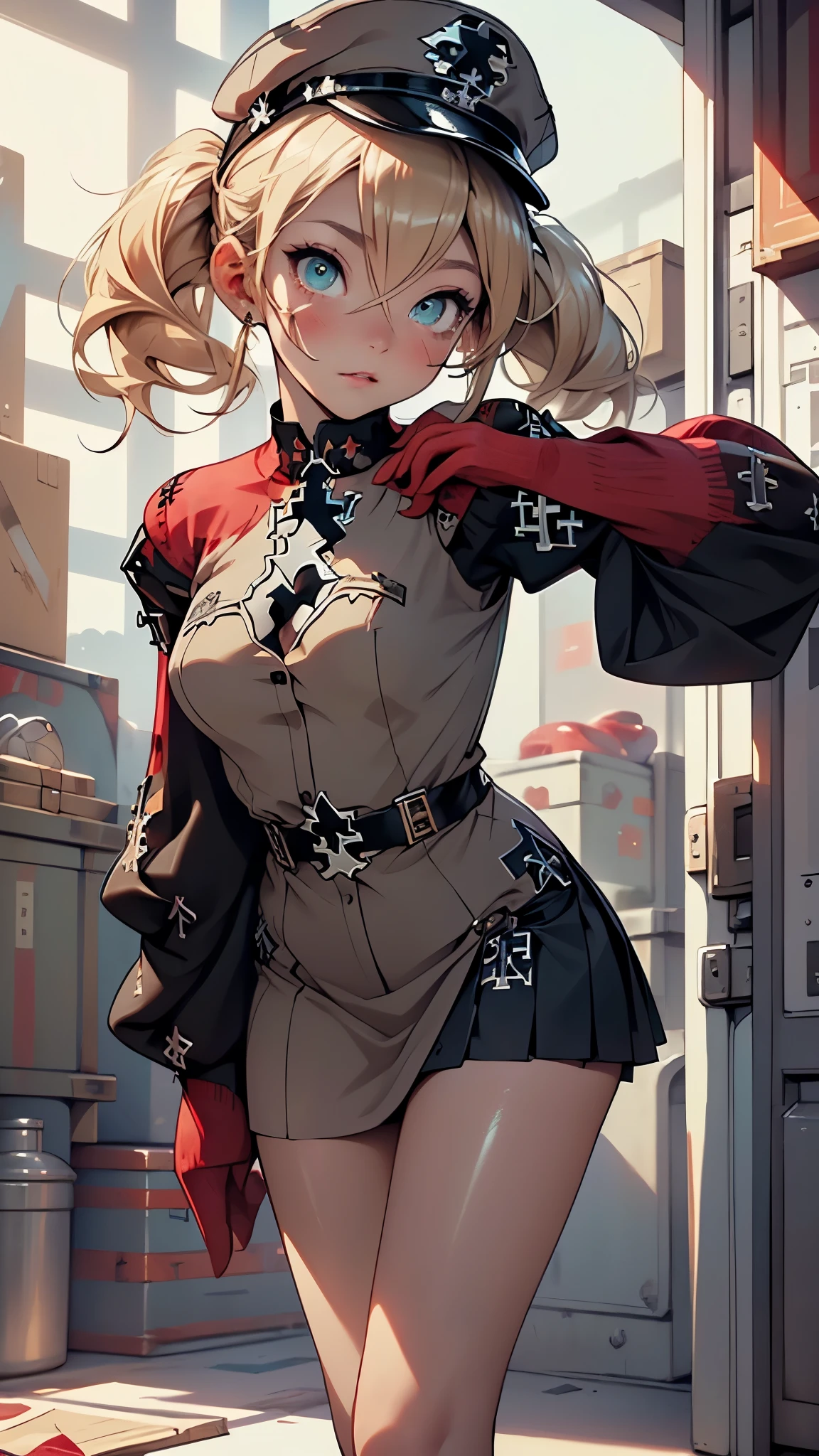 1girl,

(small breasts:1.4),((((blonde hair, long hair, low twintails,hair between eyes,twintails, )))),(((aqua_eyes:1.3))),intricate eyes,beautiful detailed eyes,symmetrical eyes,big eyes:1.5,((((lustrous skin:1.5,tanned skin,bright skin: 1.5,skin tanned,shiny skin,very shiny skin,shiny body,Reflective skin)))),(bimbo,spider lower abdomen,narrow waist,wide hip,athletic body,inflated legs,thick thighs,(detailed face)),beautiful detailed lips,(((scar on cheek))),(perfect slim body),((short stature)),

cute,slutty,sensual,seductive look,seductive,((erotic)),opulent,sumptuous,((nsfw)),

(black skirt,pleated skirt,skirt,), (white gloves),(gray headwear, hat,peaked cap), ((long sleeves,military uniform, mini skirt,uniform, (iron cross in sleeves:1.5), (red sleeves:1.5))), (bare legs), 

(flirtatious pose:1.3), looking at viewer,embarrassed,centered,scale to fit dimensions,Rule of thirds,

indoor((Nazi bunker,room, dark bunker, swastika,depths of a steampunk bunker)),scenery:1.25,((intricate scenery)),

(Glossy steampunk ornaments),highres,sharp focus,(ultra detailed,extremely detailed),(photorealistic artwork:1.37),(extremely detailed CG unity 8k wallpaper),(((vibrant colors,vibrant theme))),(intricate),(masterpiece),(best quality),artistic photography,(photography taken by sldr),(intricate background),perfect rendered face,perfect face details,realistic face,photo realistic,((intricate detail)),(((realism))),
