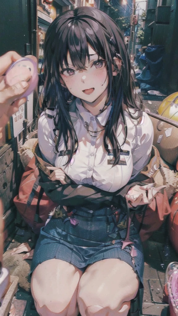 ((Highest quality)), ((masterpiece)), (detailed), One Girl,(Knee-length),Private Server,Big Breasts,(White Denim Mini Skirt),White shirt,(Open Chest Button),22-year-old woman,(Naughty look),((Excited expression)),Browsing Caution,nswf Japanese,(attractive appearance),atmosphere,Remote control rotor,pink remote control,blush,(Girl in a dark room),(Gaze seducing a man),sweating,