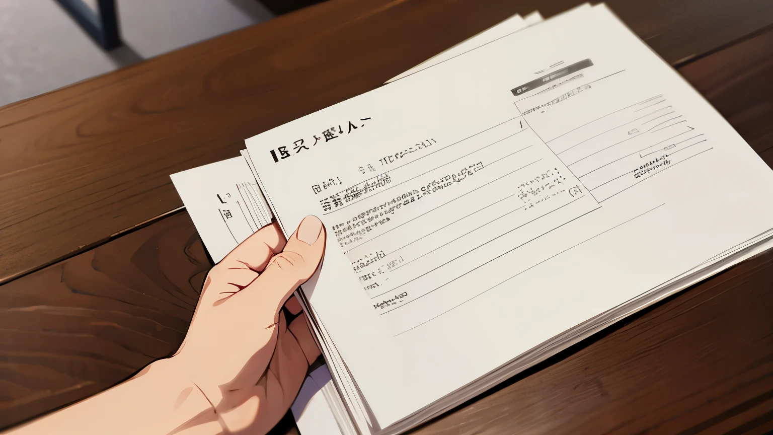 visual novel perspective, A hand receiving a paper with handwritten registration data.