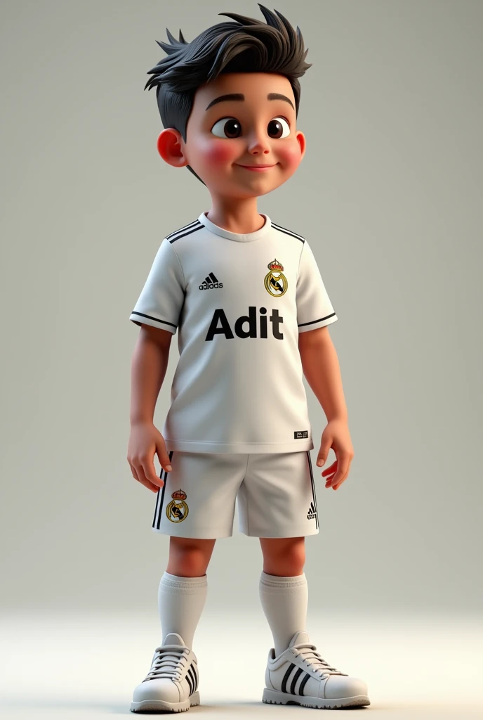 Crate a 3d image of a young boy with real madrid Jersey and shorts adit name on his back of shirt standing casually on ground
