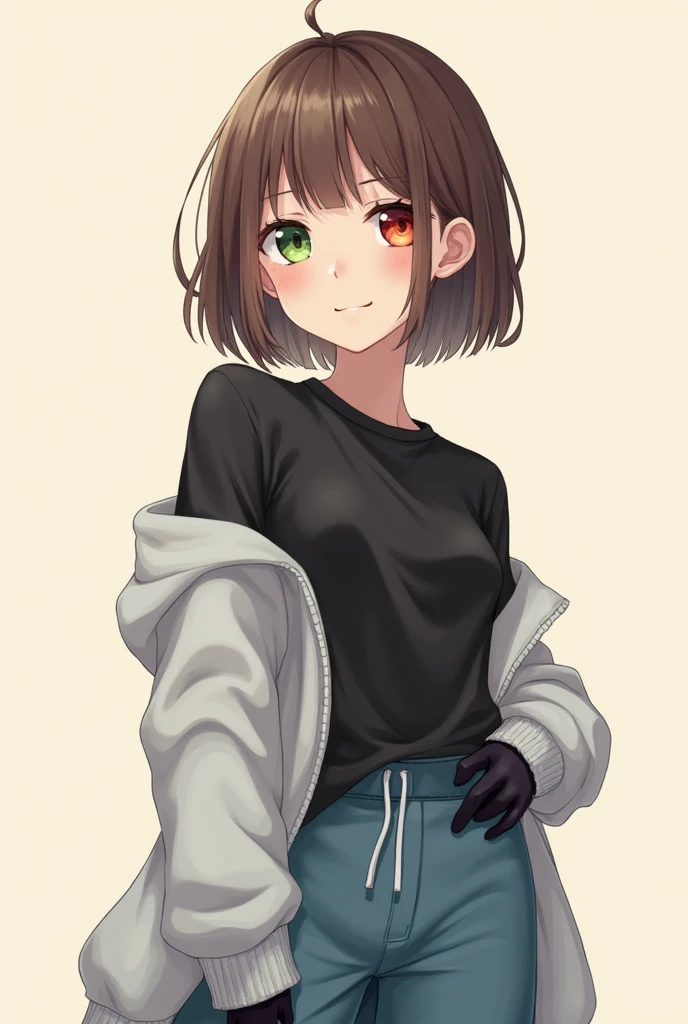 The portrait of the person must bear:

- Heterochromia, with one dark green eye and the other dark red eye - Light skin with a pinkish tone - Slightly long and straight brown hair - A soft and expressive smile - A cream or beige colored background - Must have clothes like a black t-shirt, Gray sweatshirt , Marine blue pant, black and white tennis shoes and black gloves s