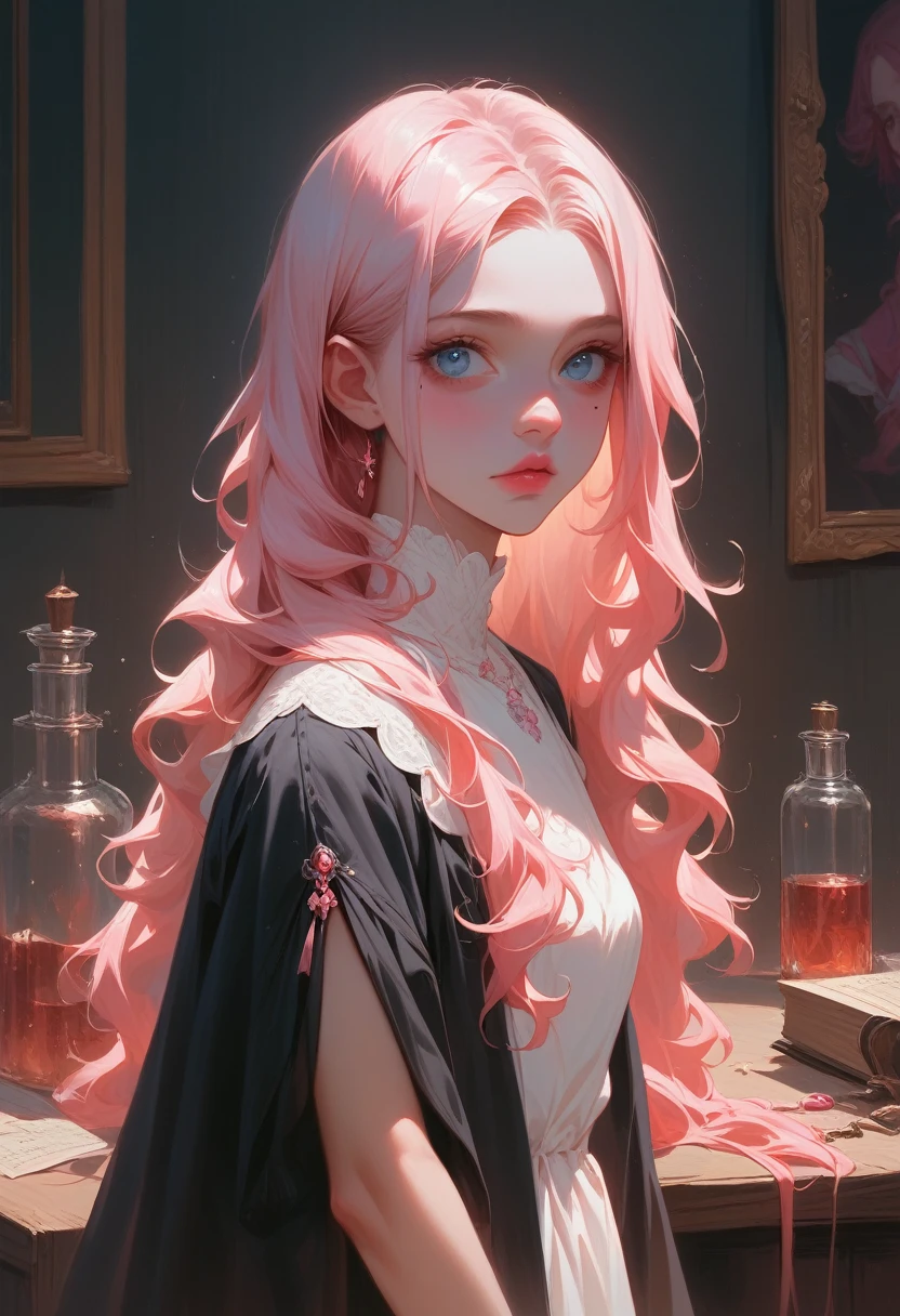 Best quality,Masterpiece,Pink loose long hair,Blue eyes, White dress,Black robe,Ruby jewerly ornaments,Upper body,Small-short body,Fair skin,Mole under left eye,pink lips,Black gloves,A young girl,10 years old,Stood up across the table,Surroundings by a lot potions and bottles of magic,Dark room with only one light