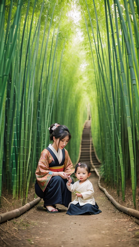 Little princess, bamboo forest, baby, Newborns, Feudal Japan, Expression of kindness, Illuminated, Shui Mohua, Chinese painting style, Thangka Style, masterpiece, Weak sunlight, Depth of written boundary, Highest quality