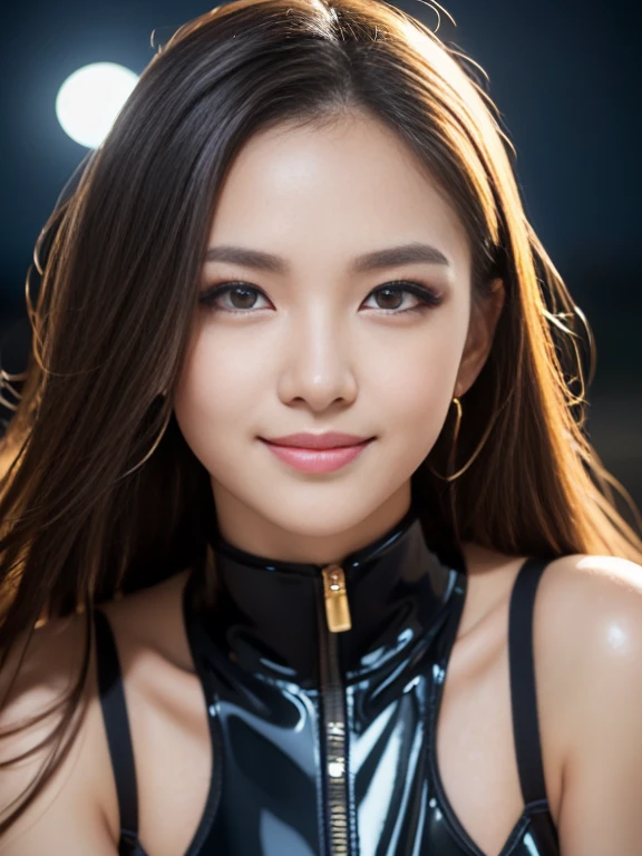 Latex bodysuit、Knee-high boots、Huge 、Long brown hair、Shiny, Oily skin、Glowing Skin、Indoor competition pool、White skin、 Body Portrait, 8k, Narrow and beautiful eyes, Dindal effect, masterpiece, 最high quality, high quality, High resolution, Very detailed photos, (Natural skin texture, Fine skin, Hyperrealism, Ultra Sharpness) , Skin with attention to detail, (Very fine, Fine skin texture, Intricate details, Beautiful Face, (A vivid face), Realistic eyes, Beautiful and detailed, Realistic Skin, Beautiful Skin, surreal, Very detailed, Golden Ratio, Smiling Eyes, ((Night moonlight background)), Body Portrait, glamorous, Shiny Bodysuit