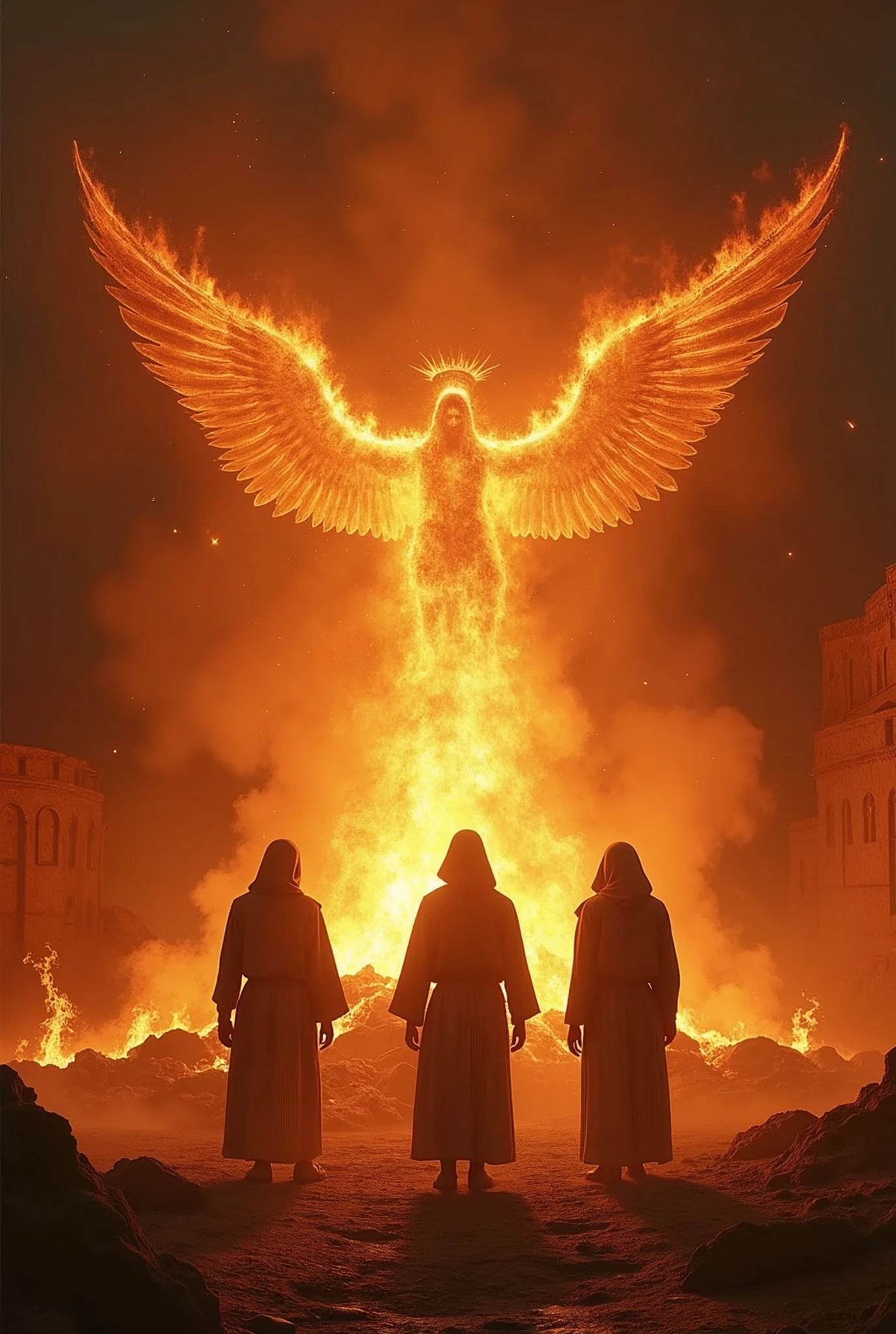 3 Israelite men from the Bible in Babylon in a fiery furnace with an angel of Jehovah covering it so they would not burn inside