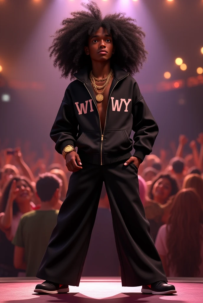 Disney Pixar (YOUNG BLACK MAN WITH LONG, CURLY BLACK HAIR) He is performing in a big show with a lot of women crowd throwing underwear , in a black sports jacket with Wy Strong Sil writing, Wide black pants, black sneakers, many gold threads around the neck, gold watch on wrist,  ( It doesn&#39;t change the appearance of the face and the hair is already perfect) pixar, cool and stylish