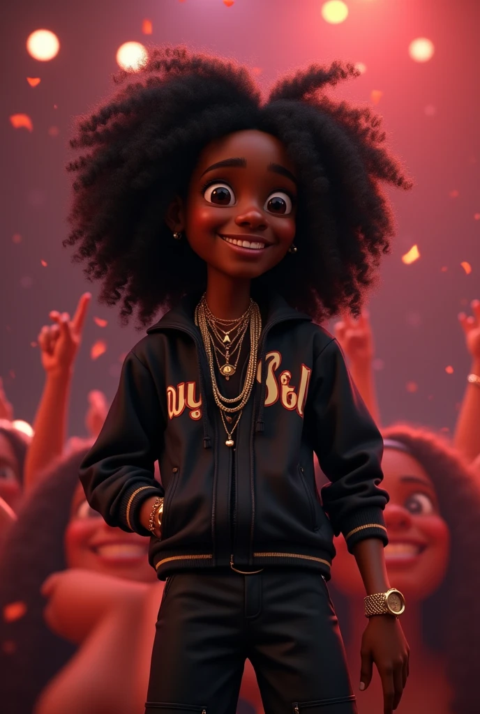 Disney Pixar (YOUNG BLACK MAN WITH LONG, CURLY BLACK HAIR) He is performing in a big show with a lot of women crowd throwing underwear , in a black sports jacket with Wy Strong Sil writing, Wide black pants, black sneakers, many gold threads around the neck, gold watch on wrist, ( It doesn't change the appearance of the face and the hair is already perfect) pixar, cool and stylish