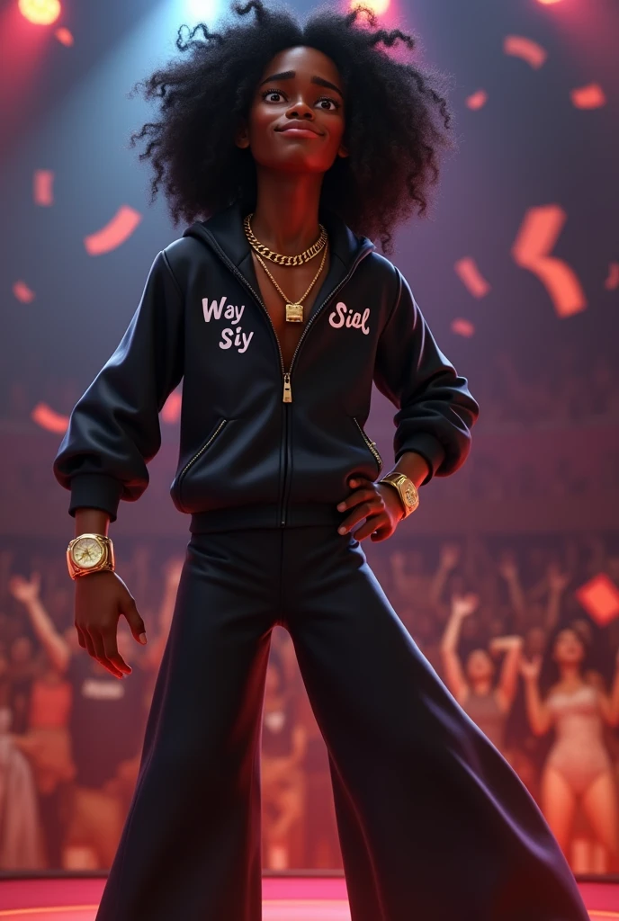 Disney Pixar (YOUNG BLACK MAN WITH LONG, CURLY BLACK HAIR) He is performing in a big show with a lot of women crowd throwing underwear , in a black sports jacket with Wy Strong Sil writing, Wide black pants, black sneakers, many gold threads around the neck, gold watch on wrist,  ( It doesn&#39;t change the appearance of the face and the hair is already perfect) pixar, cool and stylish