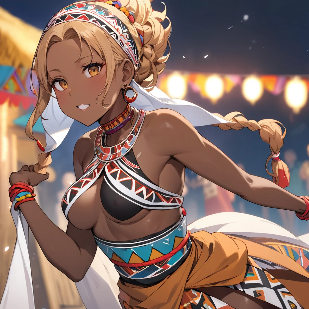 ((Highest quality)), ((masterpiece)), (detailed), (Perfect Face)、The woman has bright black skin、Strong curly hair slicked back、Black, dark skinned, African native tribal woman、The amount of hair is small、Light brown hair、Very short curly hair、Braided hair with detailed braids and slicked back、Her hair is braided and thin, and she wears a tribal headdress and a tribal headscarf.、African black woman beautifully dressed in tribal clothing, tribal earrings and tribal accessories, wearing tribal makeup、A beautiful tribal woman with tattoos all over her body、A woman is dancing erotically in a dance dedicated to the spirits at a night festival in a tribal village, dressed as a tribal shrine maiden who serves the spirits.