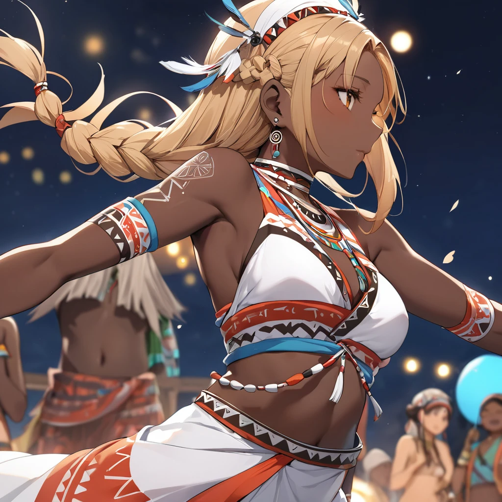 ((Highest quality)), ((masterpiece)), (detailed), （Perfect Face）、The woman has bright black skin、Strong curly hair slicked back、Black, dark skinned, African native tribal woman、The amount of hair is small、Light brown hair、Very short curly hair、Braided hair with detailed braids and slicked back、Her hair is braided and thin, and she wears a tribal headdress and a tribal headscarf.、African black woman beautifully dressed in tribal clothing, tribal earrings and tribal accessories, wearing tribal makeup、A beautiful tribal woman with tattoos all over her body、A woman is dancing erotically in a dance dedicated to the spirits at a night festival in a tribal village, dressed as a tribal shrine maiden who serves the spirits.