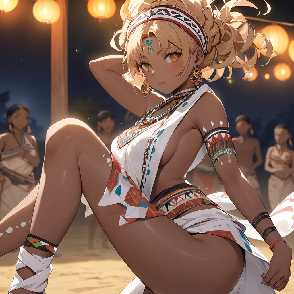 ((Highest quality)), ((masterpiece)), (detailed), (Perfect Face)、The woman has bright black skin、Strong curly hair slicked back、Black, dark skinned, African native tribal woman、The amount of hair is small、Light brown hair、Very short curly hair、Braided hair with detailed braids and slicked back、Her hair is braided and thin, and she wears a tribal headdress and a tribal headscarf.、African black woman beautifully dressed in tribal clothing, tribal earrings and tribal accessories, wearing tribal makeup、A beautiful tribal woman with tattoos all over her body、A woman is dancing erotically in a dance dedicated to the spirits at a night festival in a tribal village, dressed as a tribal shrine maiden who serves the spirits.