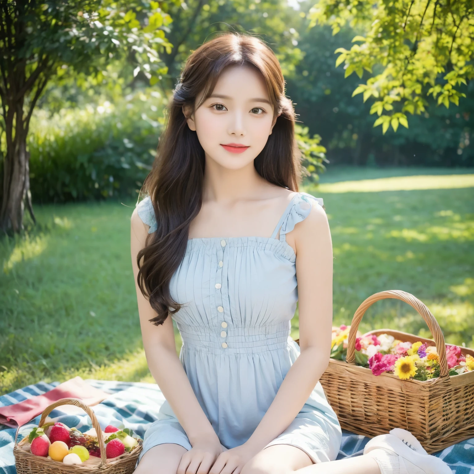 a young girl in a picnic setting, sitting on a picnic blanket in a lush green garden, holding a basket of fresh fruits and flowers, wearing a cute sun dress, surrounded by blooming flowers and butterflies, sunlight filtering through the trees, soft pastel color tones, highly detailed, photorealistic, 8k, award winning photography