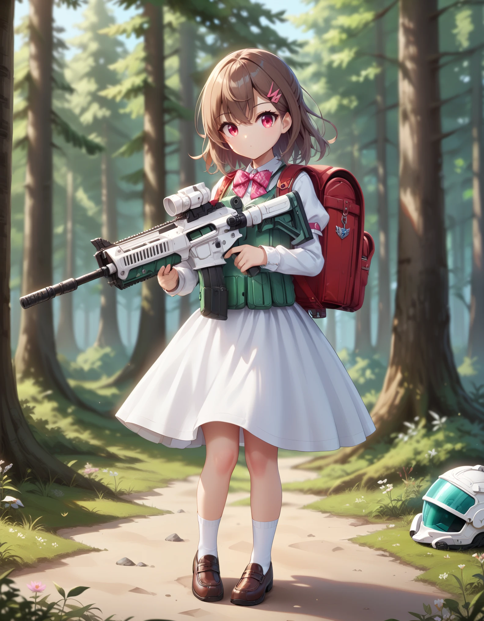 Masterpiece, hd, 1girl, cute girl, 10 y.o girl, ,130 cm body height, best quality, brown hair, medium hair, wearing white dress, cute dress, puffy sleeves,bowtie, wearing military helmet, bulletproof helmet, wearing military vest, bulletproof vest, holding weapon, assault riffle, holding riffle, (assault riffle:1.2), hair clip, wearing red backpack, school backpack, wearing white socks, brown shoes, fullbody, outdoor