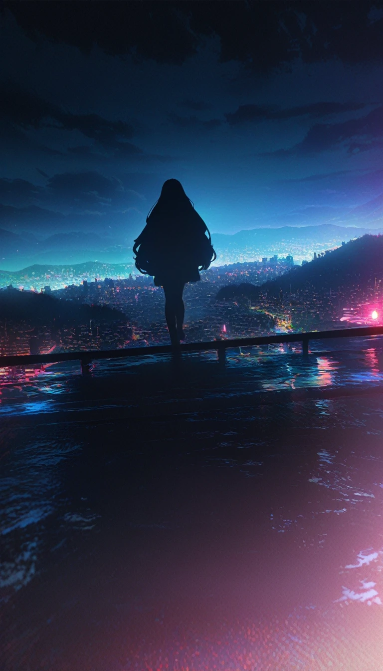((masterpiece, best quality)), very aesthetic, ultra detailed, intricate details, highly detailed, UHD, HDR, 8K, 30k likes in background, perfect face, Silhouette creepy highschool girl in part at night with glowing eyes, night, atmosphere, detailed background, neat and clean, thin lines, vibrant environment background, (newest anime art style)