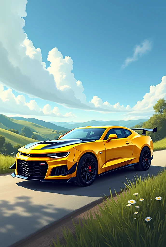 A panel A yellow Camaro car from the side zl1 in a sunny landscape In drawing