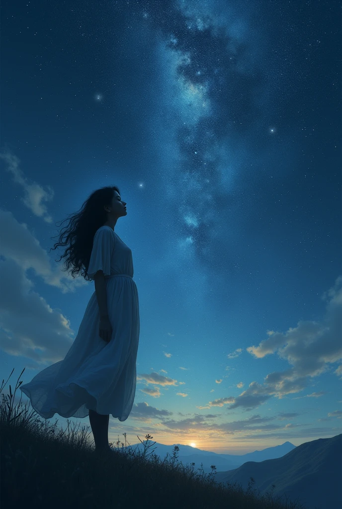 image for a book a woman looking at the stars with a shadow next to her 