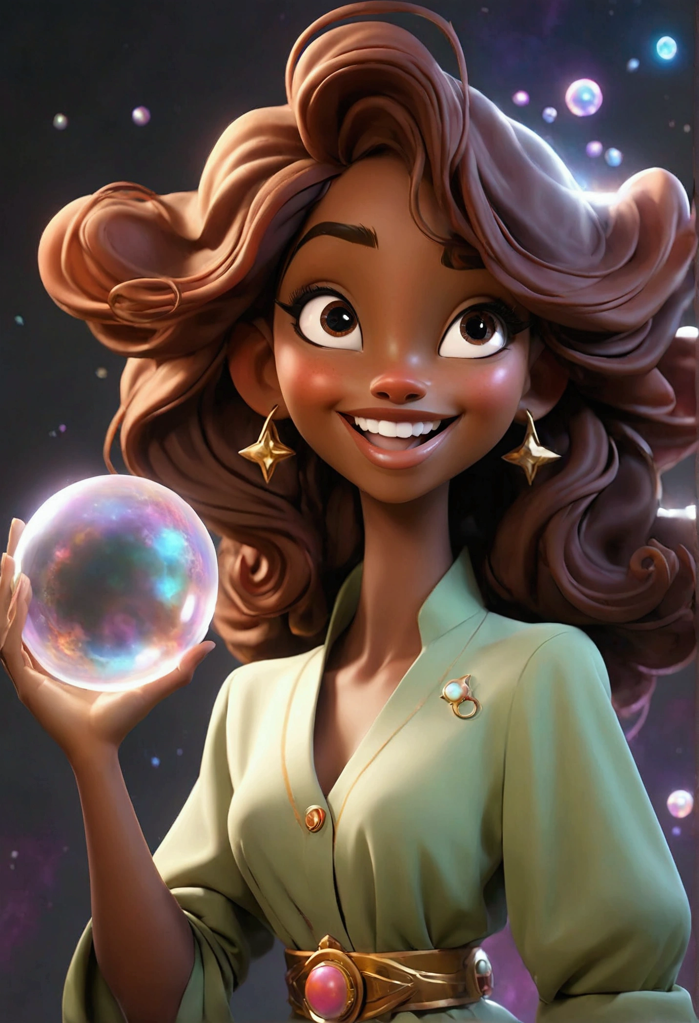 A happy young woman, happy and smiling holding a bubble of cosmic energy 