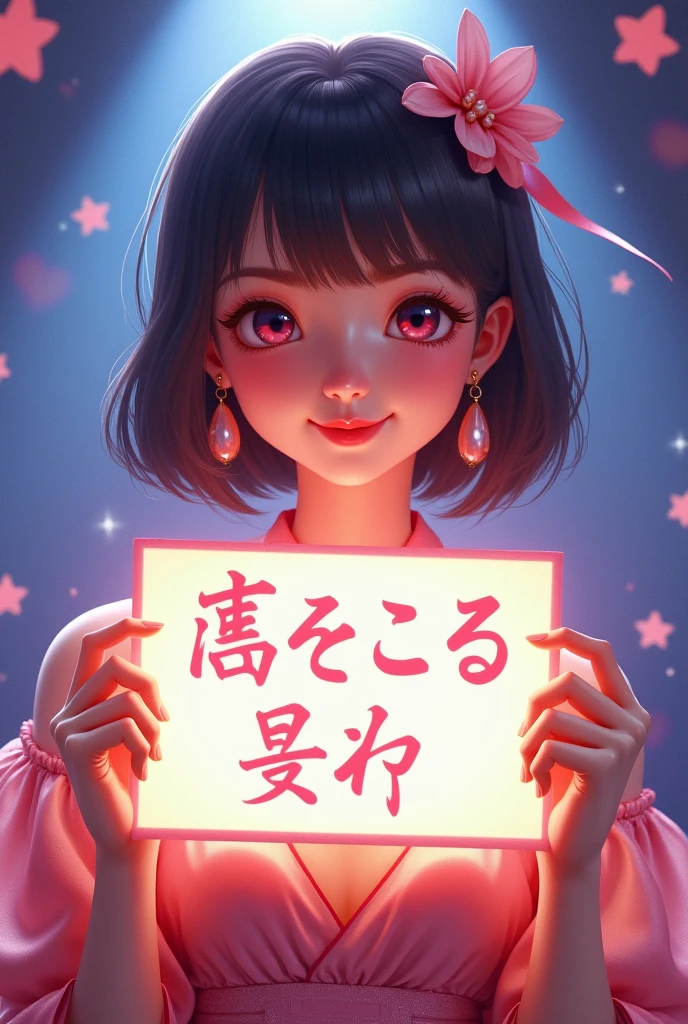 A beautiful and cute woman holding up a sign "A beautiful and cute woman holding up a sign "Woman dreaming of being in the spotlight", Joyful, Happy, Realistic, ８K、Super cute、Japanese、Idol