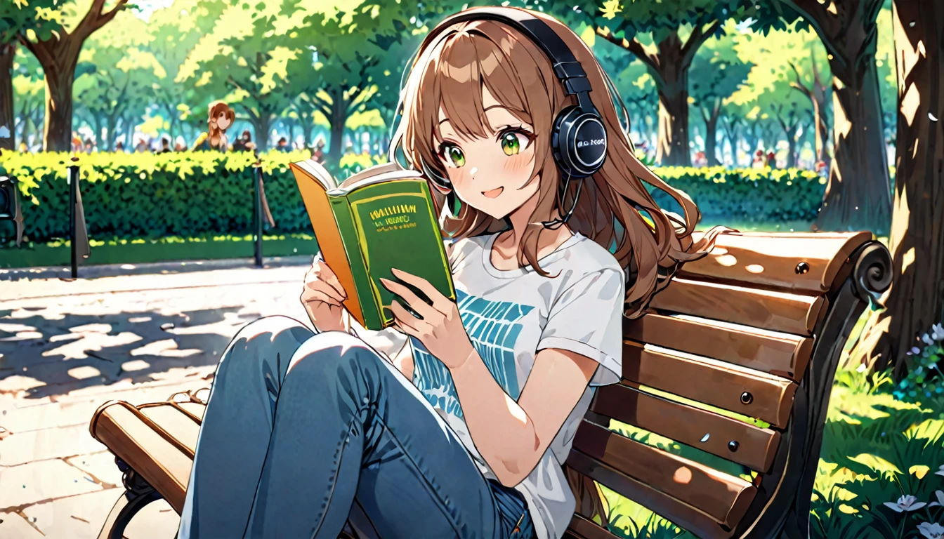 (Brown-haired girl wearing headphones), (Reading on a park bench), (Very detailed, masterpiece, Highest quality, bright), (Anime Style)
background: Lush green park scenery: Focus on the book、A costume with a quiet joyful expression: Casual t-shirt and jeans pose: Sitting on a bench、Reading a book on one&#39;s lap: A quiet, breezy afternoon in the park
