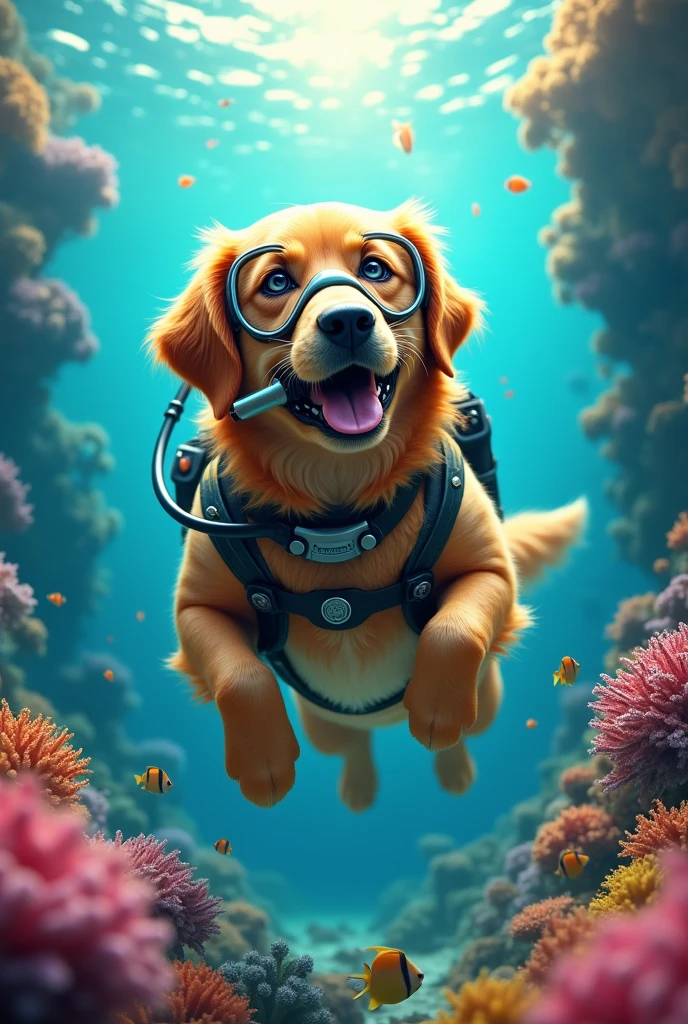 Golden retriever con traje de buseo
