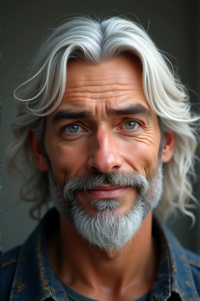 An average boy (1,74) brunette skin, long wavy white hair, blue colored eyes, a light goatee, Healthy body (not fit or muscular), he was apparently 30 to 35 years old, He looks mature but kind ((semi realistic style))((concept art))