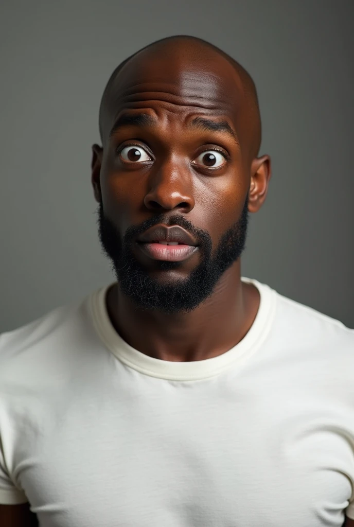 bald black man,sound , with bulging eyes, approximately 22 years old with a surprised face and thick lips, big nose, with a worn white t-shirt, It&#39;s practically a meme