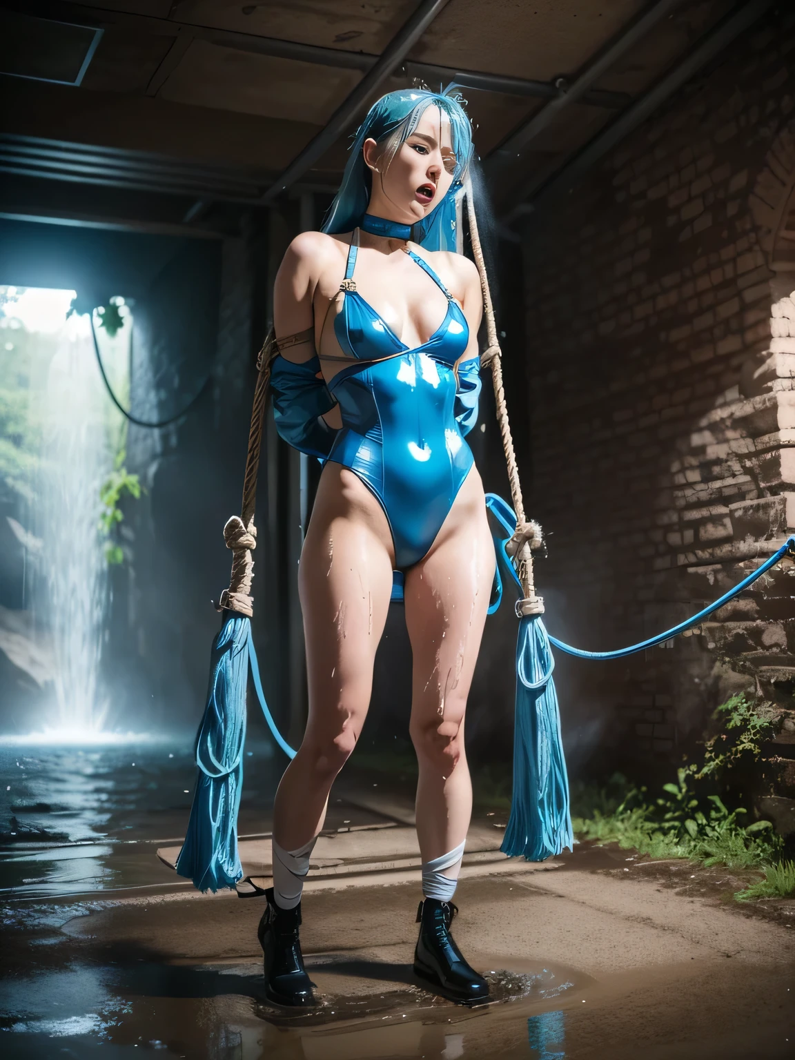 superheroine, long long gorgeous light blue hair, ((rough rope wrapped around body, tighten up)), latex, leotard, blue and white costume, captured, shibari, static restrained, ((arms behind back)), chained, rope bind, cruelly, painful, helpless, humiliating, regrettable, being whipped, (screaming in pain), falling body, eyes closed, ((being sprayed with lots of water, soaked, flooded ground)), lean body back, choker, in underground cave, bondage