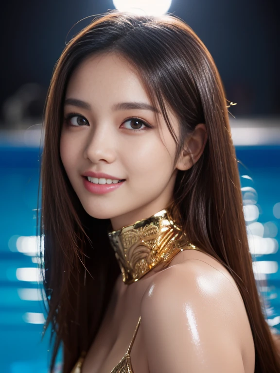 Latex bodysuit、Knee-high boots、Huge 、Long brown hair、Shiny, Oily skin、Glowing Skin、Indoor competition pool、White skin、 Body Portrait, 8k, Narrow and beautiful eyes, Dindal effect, masterpiece, 最high quality, high quality, High resolution, Very detailed photos, (Natural skin texture, Fine skin, Hyperrealism, Ultra Sharpness) , Skin with attention to detail, (Very fine, Fine skin texture, Intricate details, Beautiful Face, (A vivid face), Realistic eyes, Beautiful and detailed, Realistic Skin, Beautiful Skin, surreal, Very detailed, Golden Ratio, Smiling Eyes, ((Night moonlight background)), Body Portrait, glamorous, Shiny Bodysuit