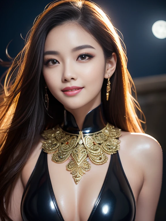 Latex bodysuit、Knee-high boots、Huge 、Long brown hair、Shiny, Oily skin、Glowing Skin、Indoor competition pool、White skin、 Body Portrait, 8k, Narrow and beautiful eyes, Dindal effect, masterpiece, 最high quality, high quality, High resolution, Very detailed photos, (Natural skin texture, Fine skin, Hyperrealism, Ultra Sharpness) , Skin with attention to detail, (Very fine, Fine skin texture, Intricate details, Beautiful Face, (A vivid face), Realistic eyes, Beautiful and detailed, Realistic Skin, Beautiful Skin, surreal, Very detailed, Golden Ratio, Smiling Eyes, ((Night moonlight background)), Body Portrait, glamorous, Shiny Bodysuit