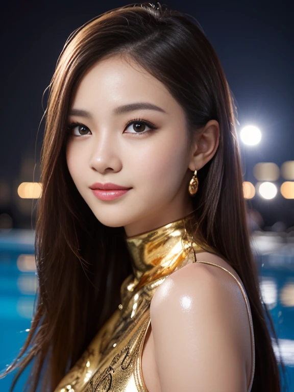 Latex bodysuit、Knee-high boots、Huge 、Long brown hair、Shiny, Oily skin、Glowing Skin、Indoor competition pool、White skin、 Body Portrait, 8k, Narrow and beautiful eyes, Dindal effect, masterpiece, 最high quality, high quality, High resolution, Very detailed photos, (Natural skin texture, Fine skin, Hyperrealism, Ultra Sharpness) , Skin with attention to detail, (Very fine, Fine skin texture, Intricate details, Beautiful Face, (A vivid face), Realistic eyes, Beautiful and detailed, Realistic Skin, Beautiful Skin, surreal, Very detailed, Golden Ratio, Smiling Eyes, ((Night moonlight background)), Body Portrait, glamorous, Shiny Bodysuit