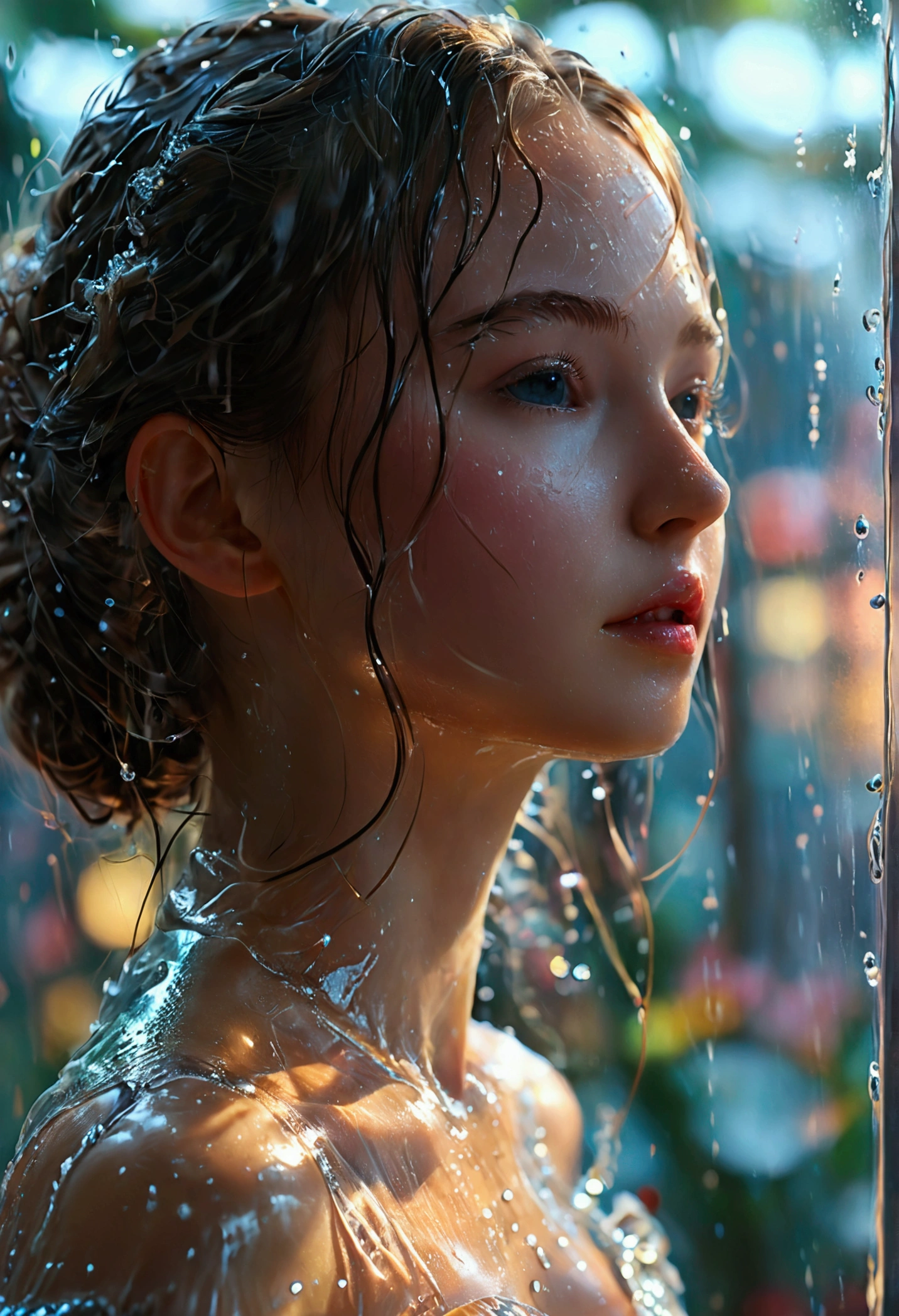 8k,best quality,masterpiece,Ultra-high resolution,A girl,Pure Desire,Sexy,Wet semi-transparent dress(),Popular in cgstation,Depth of Field,Film Lighting,HD Close-up