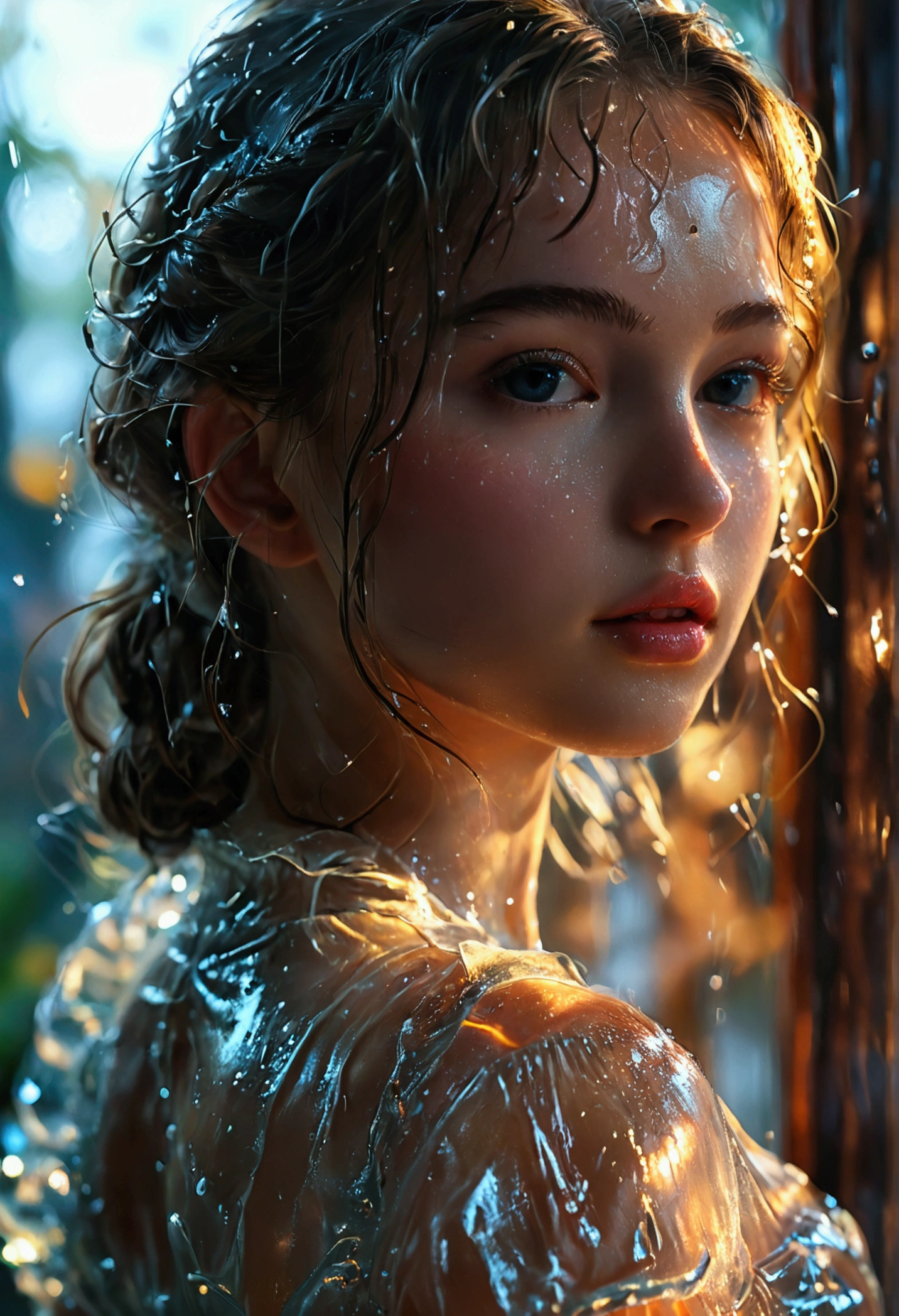 8k,best quality,masterpiece,Ultra-high resolution,A girl,Pure Desire,Sexy,Wet semi-transparent dress(),Popular in cgstation,Depth of Field,Film Lighting,HD Close-up
