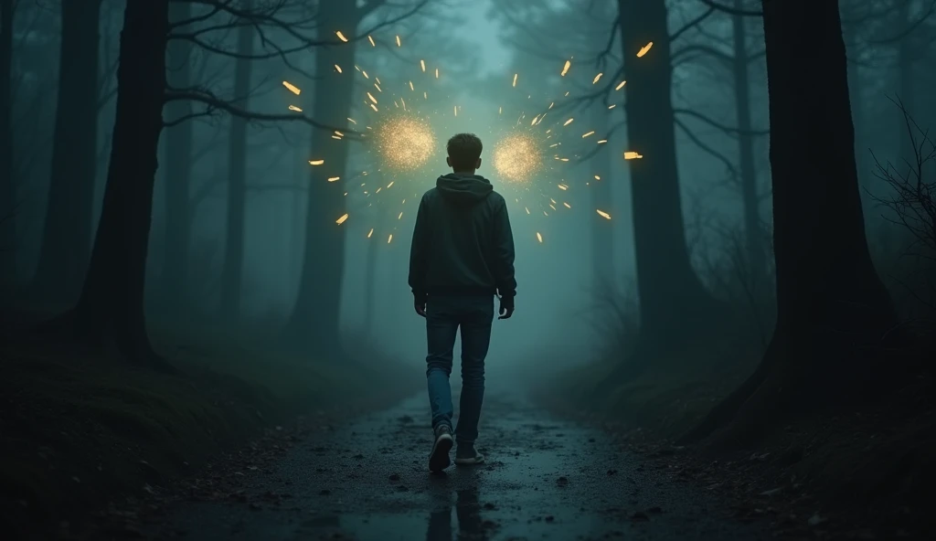 A reflective scene of a person walking through a dark forest, with glowing memories of past struggles floating around them, guiding their way. The person’s face shows determination as they move forward, leaving the shadows behind. The atmosphere is one of overcoming and understanding past challenges. -ar 16:9