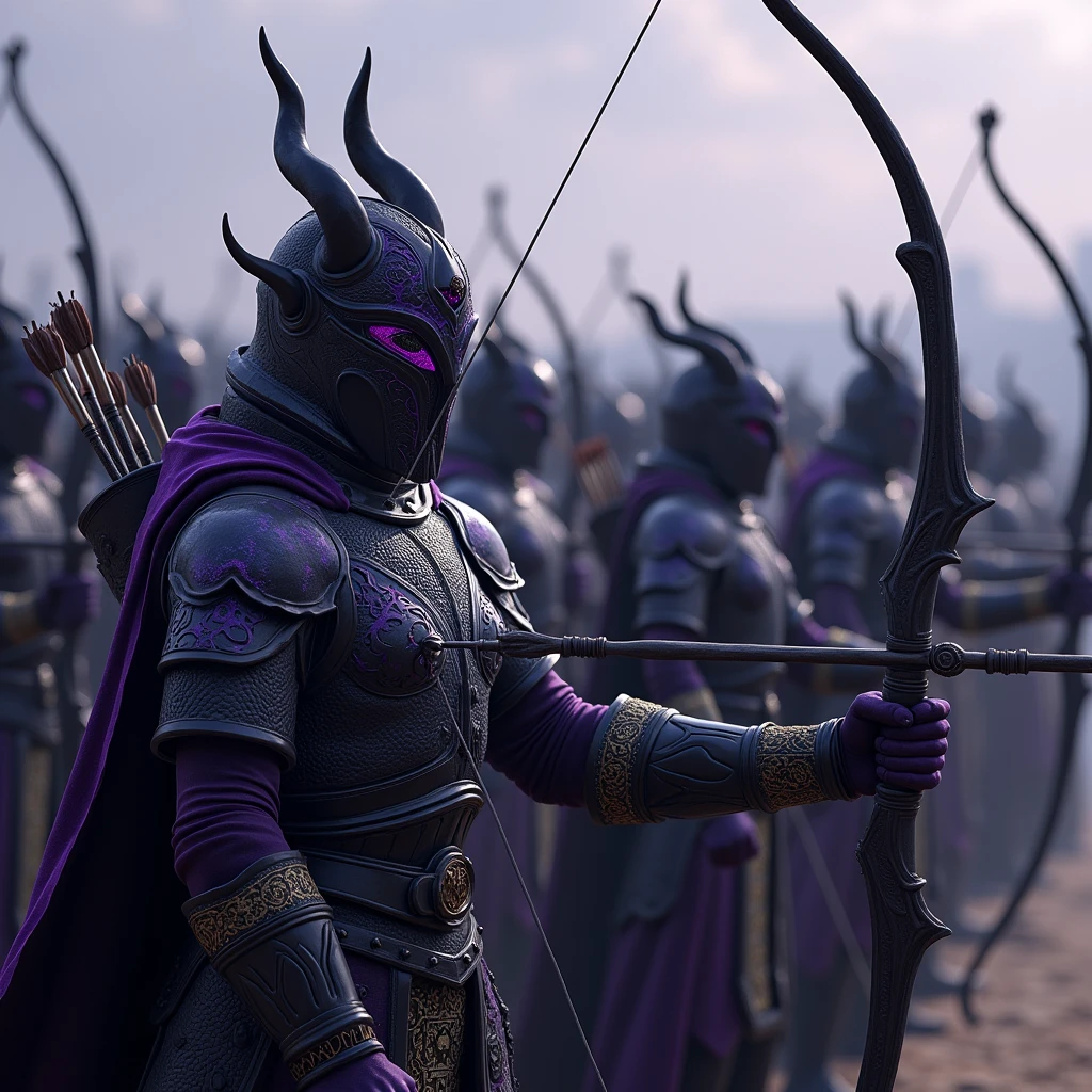 Imperial Army, thousands of warriors with bows, His armor is very ornate and (Black color with purple tones). instill fear, All helmets have infernal shape, Archers
