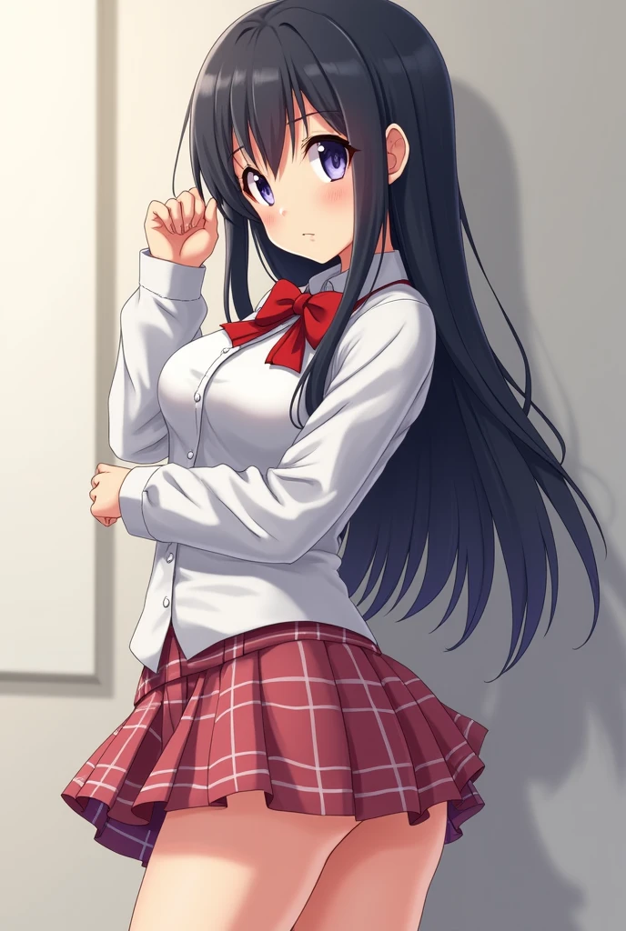 An anime girl in her school uniform showing her ass and tits