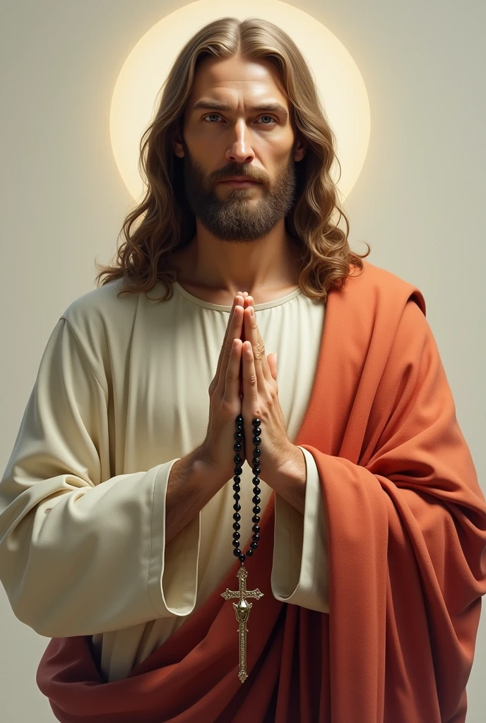 Jesus with a rosary and looking forward