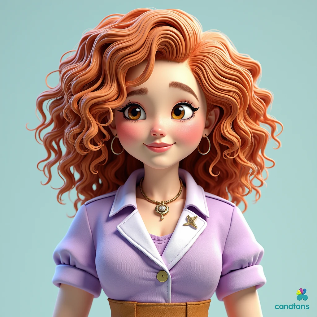 create a disney pixar style character, 3d, Woman, curtain,short curly orange hair, use transparent eyes, dressed in a white coat and lilac dress, chubby