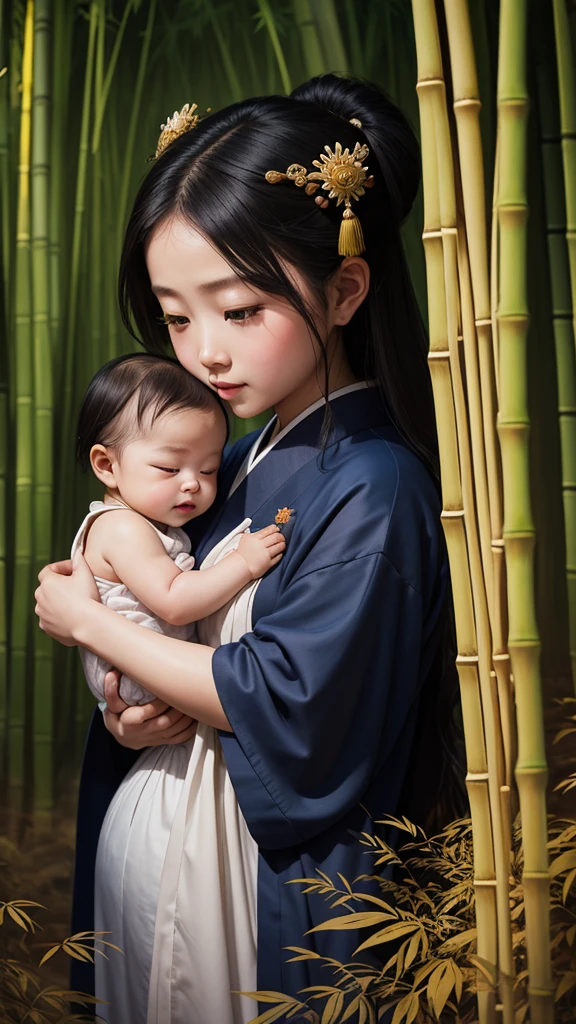 Little princess, bamboo forest, baby, Newborns, Feudal Japan, Expression of kindness, Illuminated, Shui Mohua, Chinese painting style, Thangka Style, masterpiece, Weak sunlight, Depth of written boundary, Highest quality