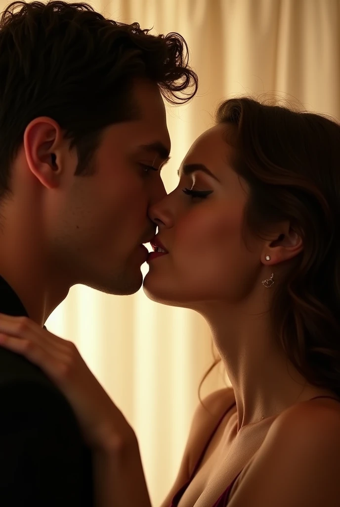 "Emily and Ethan are very close to each other, their faces almost touching. The scene is full of tension and emotion, as they exchange a deep, intense look. Ethan's lips are just an instant away from meeting hers. Emily , which are slightly ajar, reflecting expectation and desire. The background is softly blurred, focusing all attention on the proximity of their faces. The lighting is soft and warm, highlighting the emotional expressions on their faces and the intimate moment they are about to experience. ."