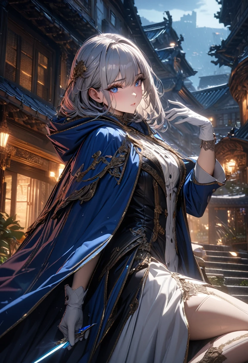 South korea women mystery hooded on with modern royal Blue coat with buttons and royal Blue cape and very high white heel over the knee and white gloves, As she reveals a small secret hidden blade, adding to the character’s mysterious and agile appearance, with small movements of air on the cape, in summer at night under the rain, with buildings featuring curved eaves and detailed architecture. The scene is set at night, she slit a person's throat , intricate detail, ultra detail, incredible detail, intricate detail, extremely detailed and intricate, super max, masterpiece, best quality, HDR, UHD, unreal engine. , beautiful face, Rich in details High quality, gorgeous, captivating, 8k, super detailed, stunning shadows, detailed lines
