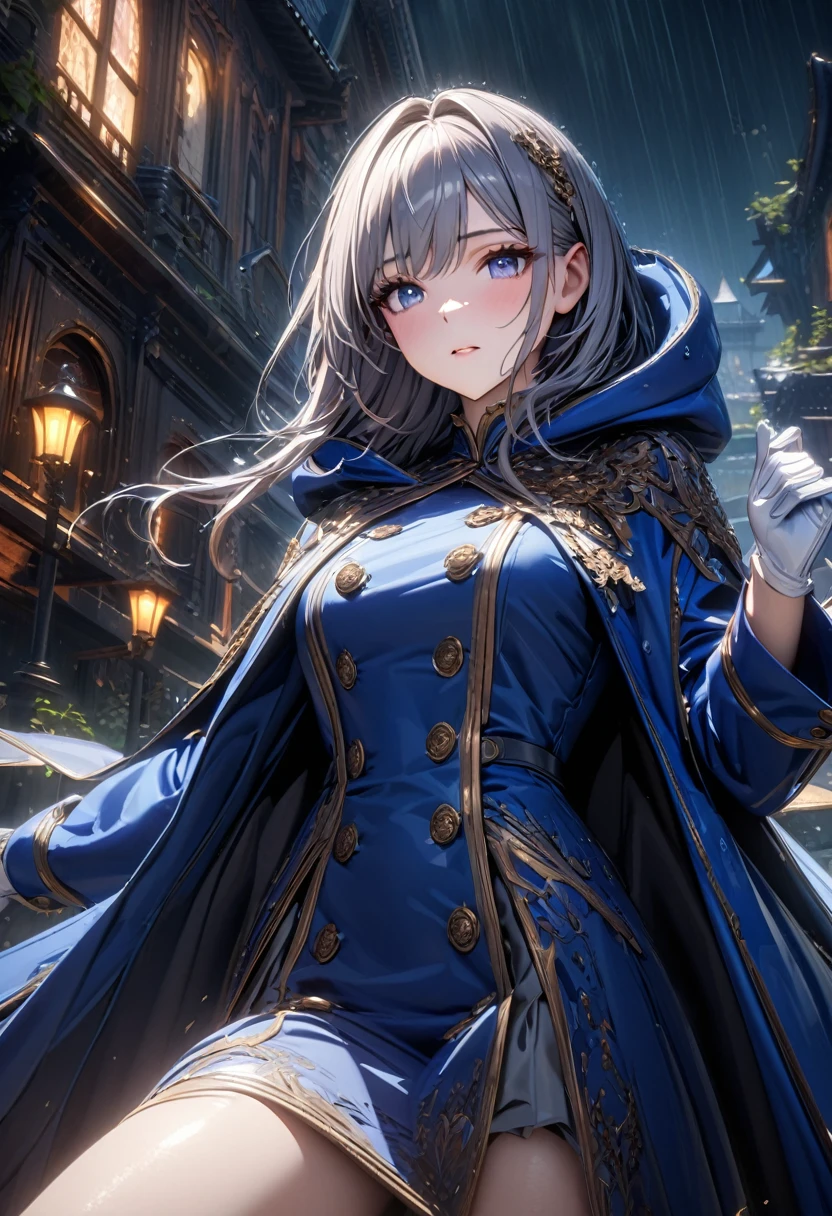 South korea women mystery hooded on with modern royal Blue coat with buttons and royal Blue cape and very high white heel over the knee and white gloves, As she reveals a small secret hidden blade, adding to the character’s mysterious and agile appearance, with small movements of air on the cape, in summer at night under the rain, with buildings featuring curved eaves and detailed architecture. The scene is set at night, she slit a person's throat , intricate detail, ultra detail, incredible detail, intricate detail, extremely detailed and intricate, super max, masterpiece, best quality, HDR, UHD, unreal engine. , beautiful face, Rich in details High quality, gorgeous, captivating, 8k, super detailed, stunning shadows, detailed lines