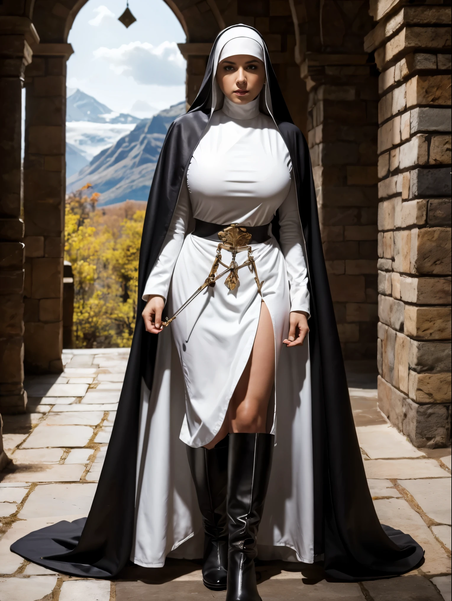 (masterpiece, top quality, best quality, official art, beautiful and aesthetic:1.2), (1girl:1.3), ((Sharp facial features, sharp features, hawkish features)), ((grey eyes)), busty paladin knight girl, extremely detailed, portrait, looking at viewer, solo, (full body:0.6), detailed background, full-body shot, (cold mountain glacier theme:1.1), holy knight, (nun), charlatan, smirk, mysterious, swaying in mountains, armor, polished metal, gold trim, long boots, white fabric, pelvic curtain, robe, pale leather, ((((nun, crossbow, heavy armor, armored, long legs, robes, prayer scrolls, toned, muscular)))), slim waist, slim hips, long legs, medieval (mountain exterior:1.1) background, dark mysterious lighting, shadows, magical atmosphere, dutch angle