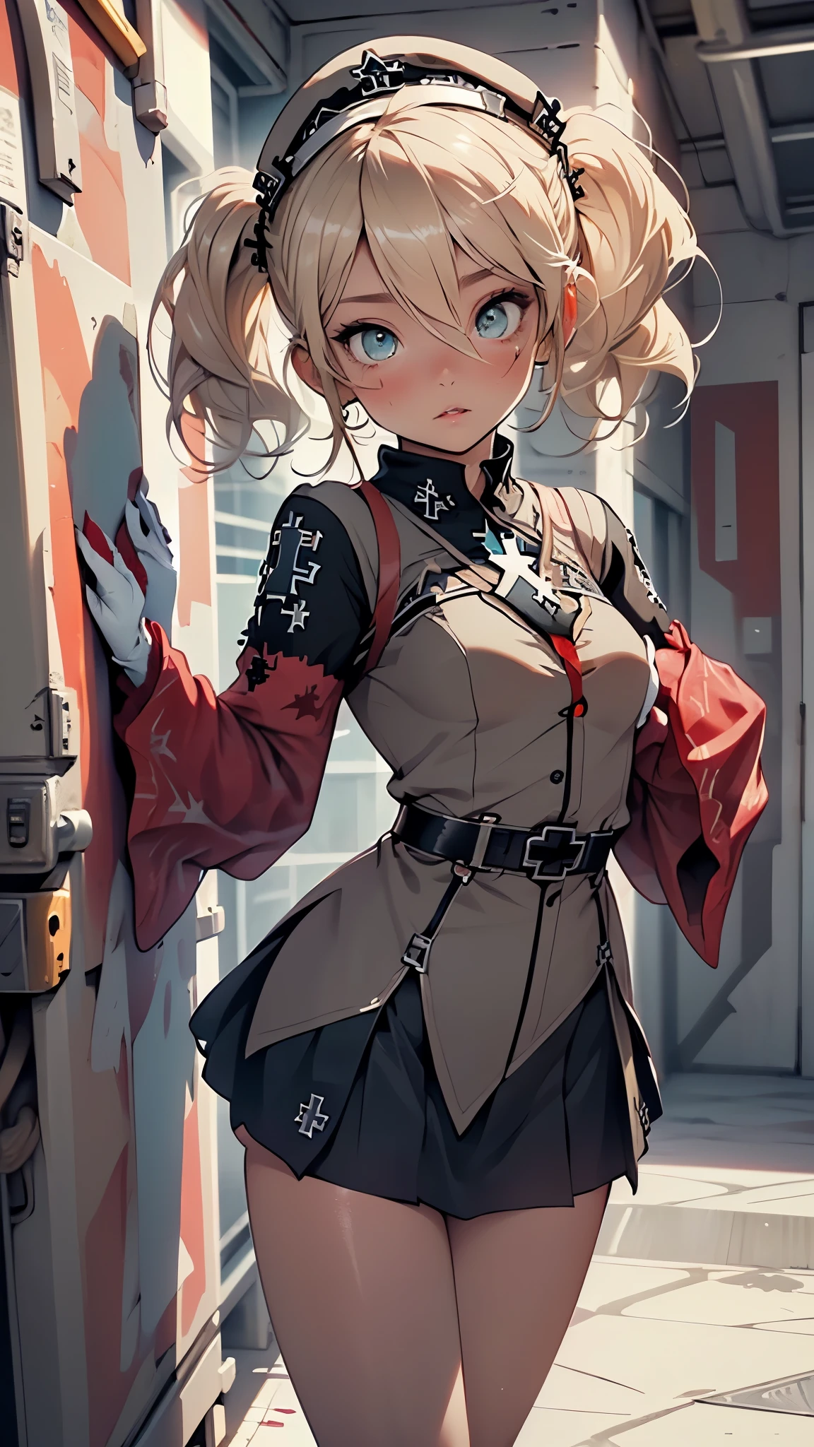 1girl,
(small breasts:1.4),((((blonde hair, long hair, low twintails,hair between eyes,twintails, )))),(((aqua_eyes:1.3))),intricate eyes,beautiful detailed eyes,symmetrical eyes,big eyes:1.5,((((lustrous skin:1.5,tanned skin,bright skin: 1.5,skin tanned,shiny skin,very shiny skin,shiny body,Reflective skin)))),(bimbo,spider lower abdomen,narrow waist,wide hip,athletic body,inflated legs,thick thighs,(detailed face)),beautiful detailed lips,(((scar on cheek))),(perfect slim body),((short stature)),
cute,slutty,sensual,seductive look,seductive,((erotic)),opulent,sumptuous,((nsfw)),
(black skirt,pleated skirt,skirt,), (white gloves),(gray headwear, hat,peaked cap), ((long sleeves,military uniform, mini skirt,uniform, (iron cross in sleeves:1.5), (red sleeves:1.5))), (bare legs),
(flirtatious pose:1.3), looking at viewer,embarrassed,centered,scale to fit dimensions,Rule of thirds,
indoor((Nazi bunker,room, dark bunker, swastika,depths of a steampunk bunker)),scenery:1.25,((intricate scenery)),
(Glossy steampunk ornaments),highres,sharp focus,(ultra detailed,extremely detailed),(photorealistic artwork:1.37),(extremely detailed CG unity 8k wallpaper),(((vibrant colors,vibrant theme))),(intricate),(masterpiece),(best quality),artistic photography,(photography taken by sldr),(intricate background),perfect rendered face,perfect face details,realistic face,photo realistic,((intricate detail)),(((realism))),