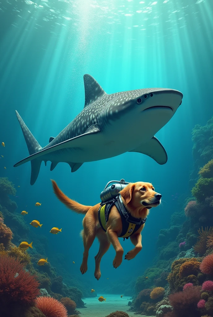 Golden retriever in diving suit next to a whale shark 