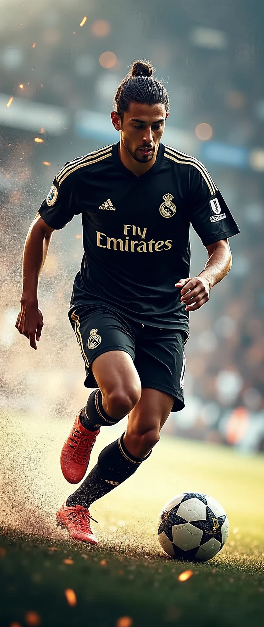 masterpiece,Highest quality,(Ultra-high definition CG Unity 8K wallpaper),(Highest quality),(Best illustrations),(Best Shadow),Physical Rendering,Realistic lighting,Beautiful sparkle,center(soccer player,Eden Hazard),(black real madrid jersey),(dribble),(((Beautiful trading cards))),((Special trading cards)),(front),(whole body),(Serious),(Detailed hand drawing),(Expressing a sense of speed:2.0),(In the background, the light trails left by the athletes are visible.:2.0),(dynamic)