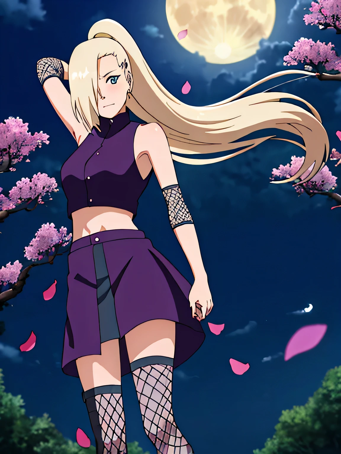 Ino Yamanaka, Ino Shippuuden, Underarms, hands holding aconite flower, posando, hair over one eye, high ponytail, blue colored eyes, work of art, standing alone, 1 girl, sleeveless, top cropped roxo, fishnet stocking, bared shoulders, trunk, long  hair, purple petals falling over the scenery, forest with purple flowers in the background, natta, Full moon in the background