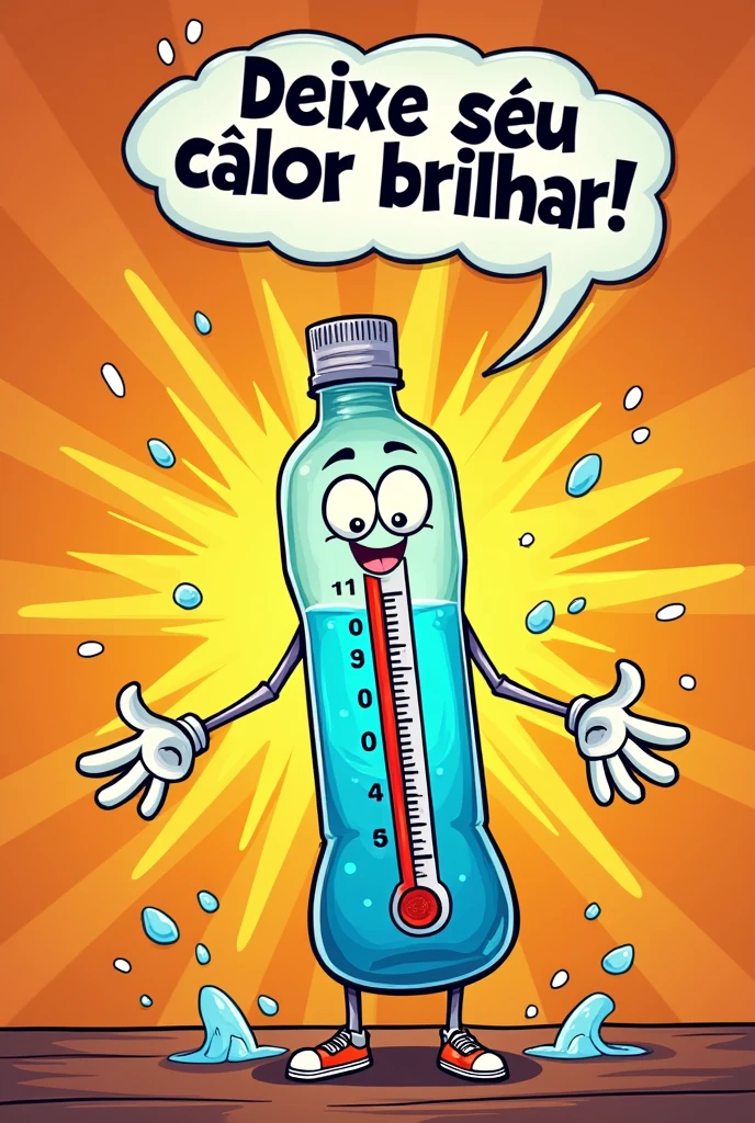 Create 3 comic style banners with the theme of a homemade thermometer Made from a plastic bottle and isopropyl alcohol and add a cool phrase that matches the theme but written in Portuguese 