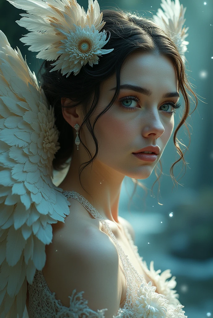 Create a beautiful woman with bird details