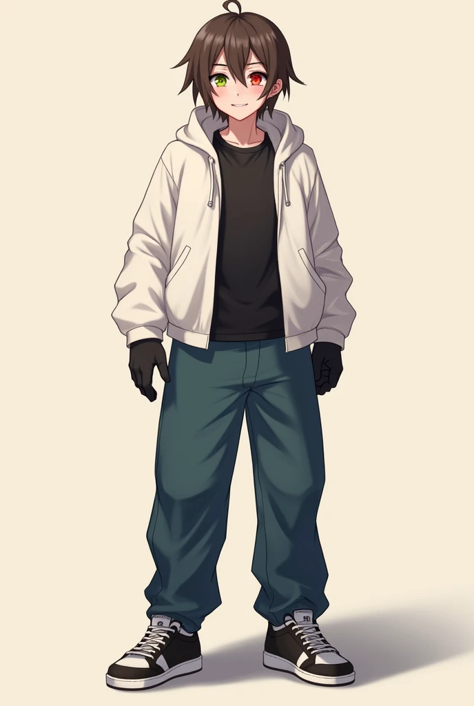 The portrait of the male person must carry:
- Heterochromia, with one dark green eye and the other dark red eye - Light skin with a pinkish tone - Slightly long and straight brown hair - A soft and expressive smile - A cream or beige colored background - Must have clothes like a black t-shirt, white sweatshirt , Marine blue pant, black and white tennis shoes and black gloves s